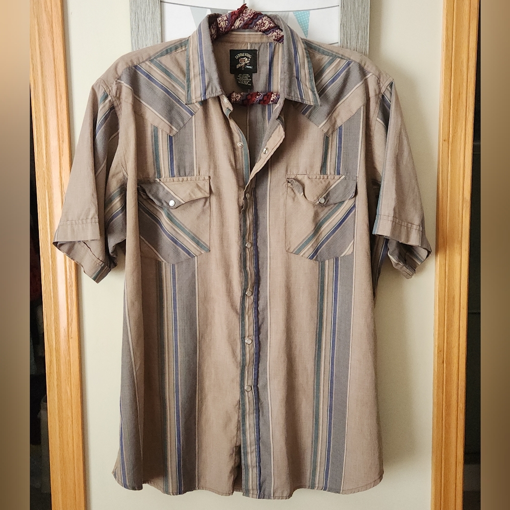 Saddle King Western Vintage Pearl Snap Shirt Short-sleeve sz XL brown Stripe